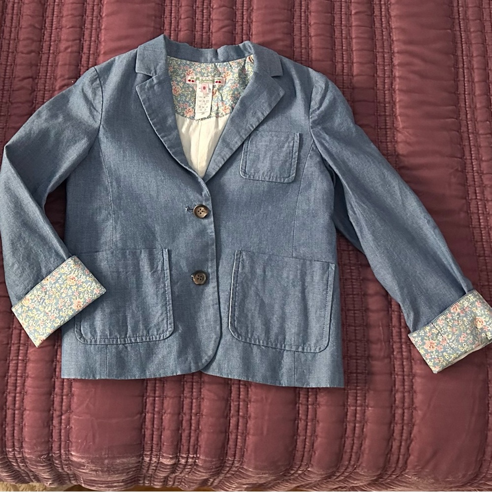 Bonpoint Blue Chambray Blazer Jacket with Floral Cuffs | Girl's 8